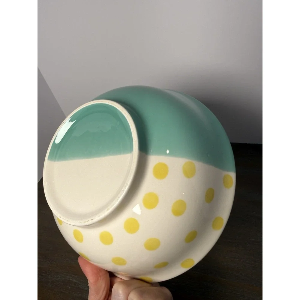 Aqua Turquoise Yellow Polka Dot Ceramic Serving Bowl 8